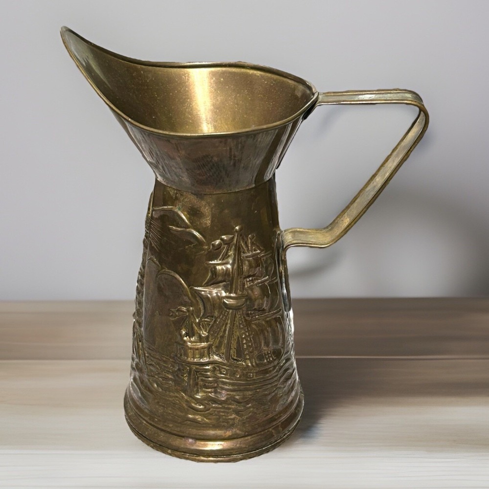 Peerage Pitcher Jug Brass Embossed Nautical Sailing Ship Lighthouse 1910-1940